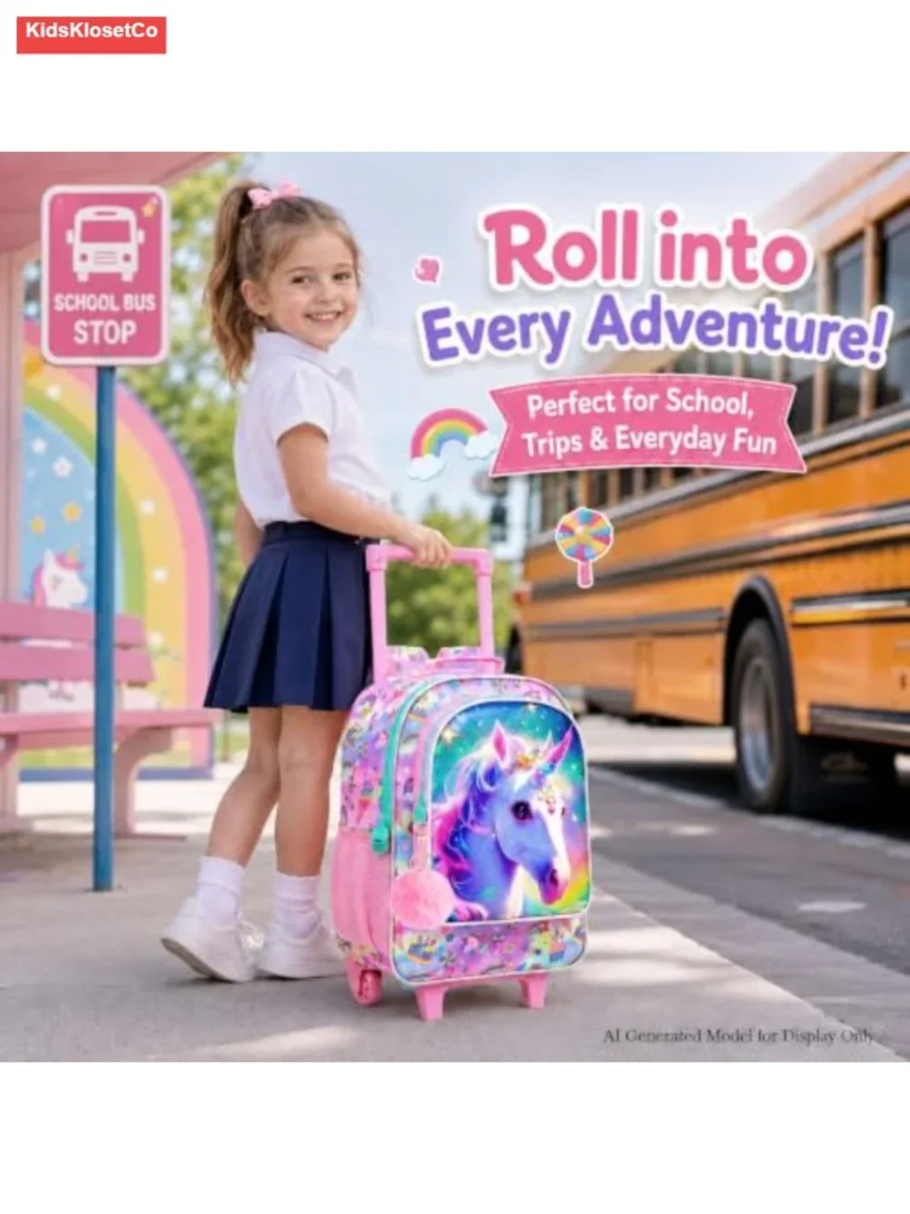 Girls Rolling Backpack with Wheels - Unicorn School Bag